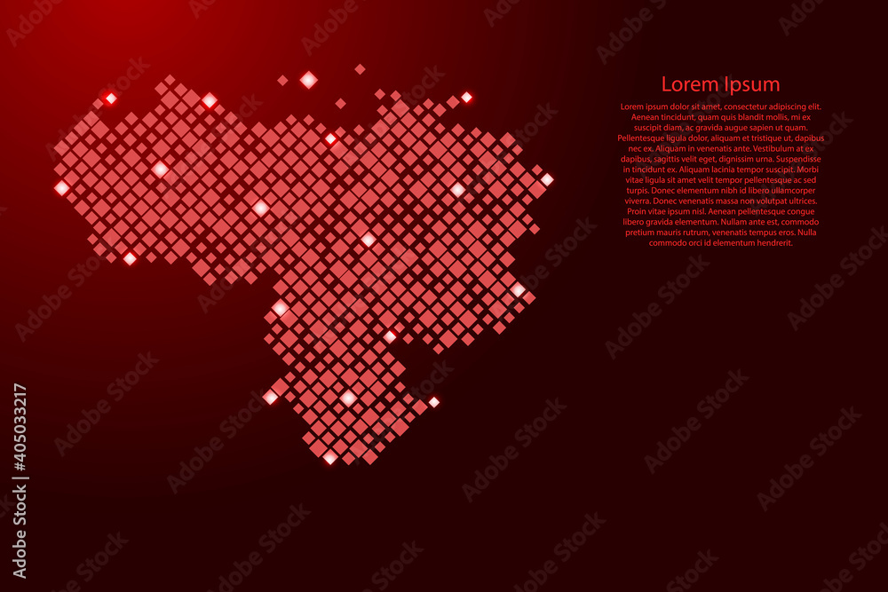 Poster venezuela map from red pattern rhombuses of different sizes and glowing space stars grid. vector ill