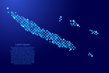 Fototapeta premium New Caledonia map from blue pattern rhombuses of different sizes and glowing space stars grid. Vector illustration.