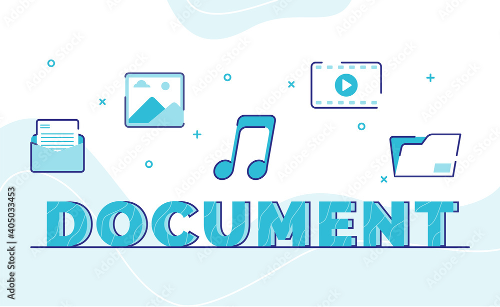 Poster document typography word art background of icon message picture music video file with outline style