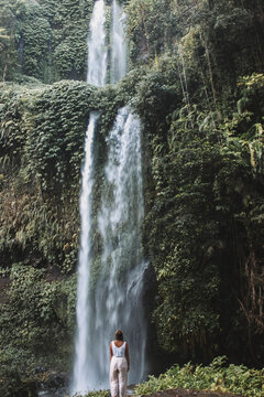 Green moss on brown rock formation near waterfalls