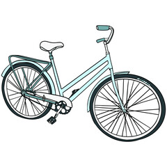 Vector Illustration of blue bicycle isolated on white background. Freehand drawing of a bike, transport element, blank for designers, logo, icon, greeting cards