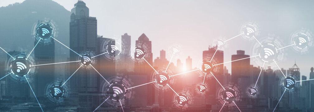 Wifi city communication technology fast internet connection 5g wireless concept. modern city view with icons.