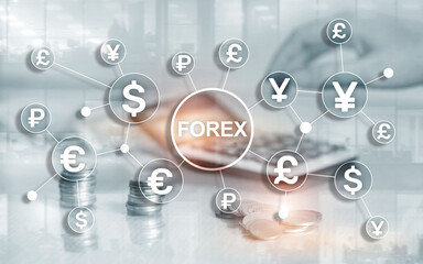 Forex trading currency exchange business finance diagrams dollar euro icons on blurred background.
