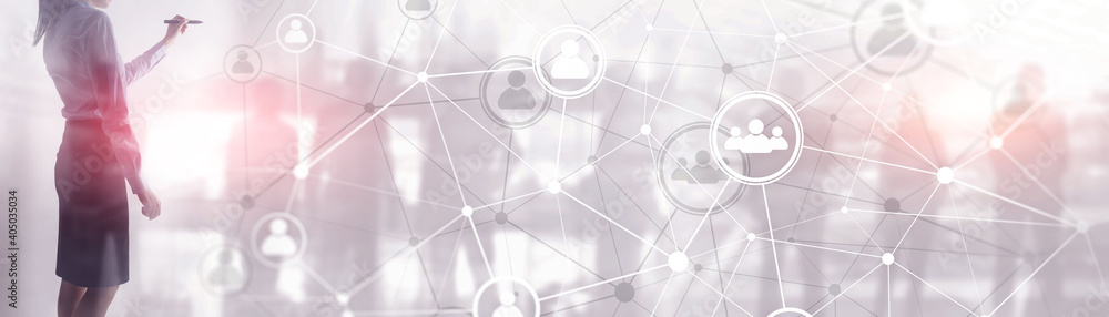 Poster background conceptual image with social connection lines on panoramic fone.