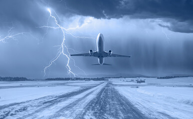 Lightning strikes between stormy clouds - Commercical white airplane fly up over take-off runway the (ice) snow-covered airport