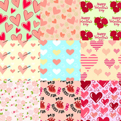 Seamless aesthetic pattern with hearts, flowers, cupid arrow in pink, blue, green, lilac, yellow, red pastel shades