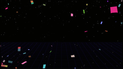 Retro vintage style of perspective grid, cosmic stars and confetti illustration blank background, flat 80s vibe dark tech vhs analog feelings