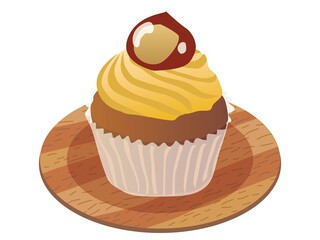 木の皿に乗ったマロンのカップケーキ