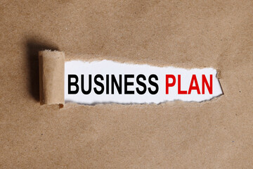 BUSINESS PLAN. text on white paper on torn paper background
