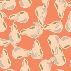 Abstract seamless food pattern with light hand drawn pear print on coral pink background.