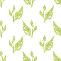 Isolated seamless pattern with light green foliage leaves ornament on white background.