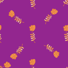 Minimalistic style seamless pattern with orange simple flowers elements. Purple background.