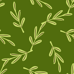 Nature seamless simple style pattern with outline leaves ornament. Green background.