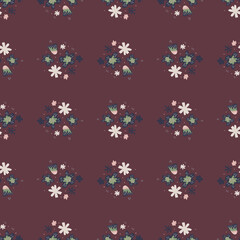 Flora seamless doodle pattern with simple flowers ornament on pale purple background.