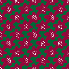 Bright pink flower silhouettes seamless pattern in doodle style. Green background. Spring simple backdrop.