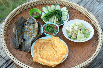 Thai food set, grilled fish with chili paste