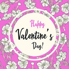Vector illustration of stylish valentines day greeting card template with lettering typography text sign, hearts, white round shape frame on seamless floral background