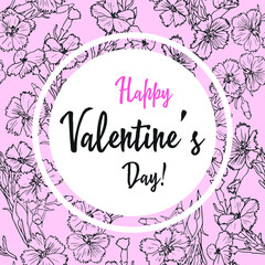 Vector illustration of stylish valentines day greeting card template with lettering typography text sign, hearts, white round shape frame on seamless floral background
