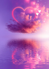 A cloud of love. Futuristic abstract landscape, sky, purple, pink and orange neon, beautiful pink sunset, heart shape, magic. Cloud over water, heart bokeh light. 