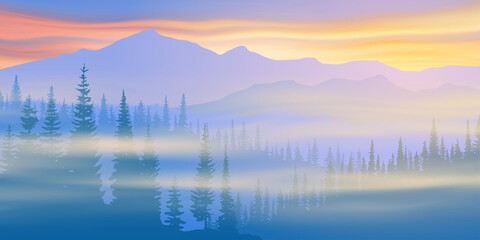 Fototapeta premium Vector illustration, sunrise in the mountains. Trees in the fog.