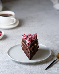 A slice of chocolate cake with raspberries close-up.