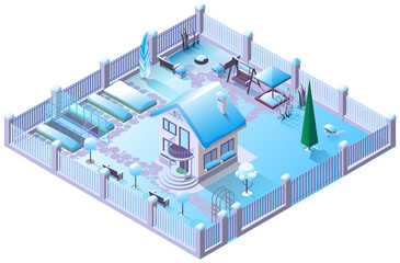 Winter season country house and garden under snow. 3d isometric illustration