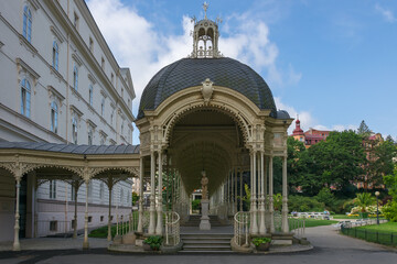 Karlovy Vary (Czech Republic) pavilions parks gardens and mineral healing springs. city walks, famous parks and places with unique architecture. well-groomed city is surrounded by greenery