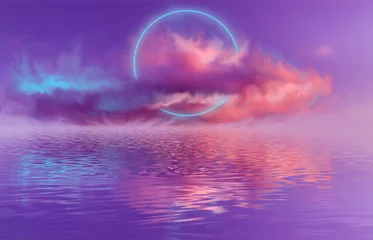 Fotobehang Pruim Abstract neonlandschap met wolk, neonbezinning in water. Futuristisch landschap, neoncirkel. Veelkleurige ultraviolette achtergrond.