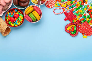 Various sweets assortment. Candy, bonbon, macaroons