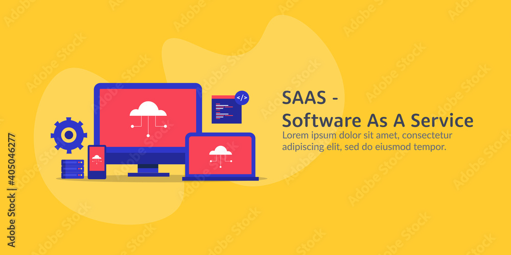 Poster saas- software as a service concept, cloud computing technology on cross device screen. software app