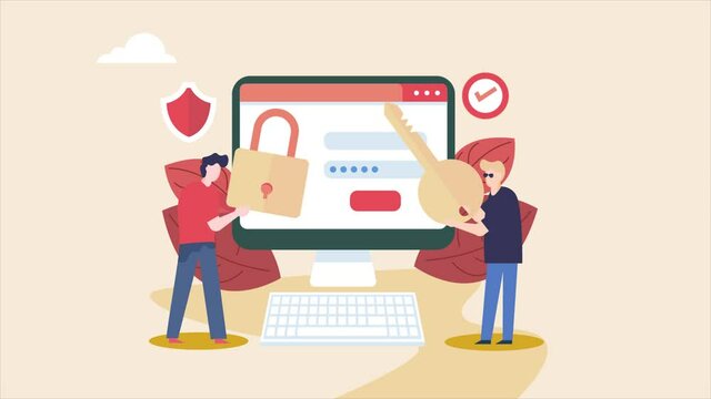 Internet security, data protection, secure website login, password access concept. Business people with lock and key. 2d animation, video clip.