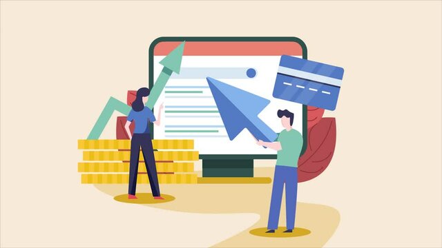 Search marketing, digital advertising and ppc campaign concept. Business people or advertising team working on conversion optimization, marketing and finance. 2d animation.