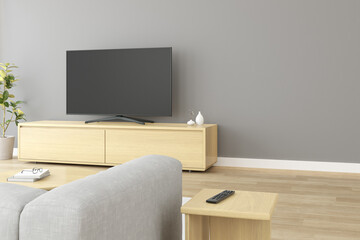 3D rendering of modern living room with sofa and TV screen on wooden cabinet.