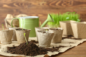 Heap of soil with plant seedling on parchment