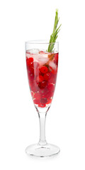 Glass of champagne cocktail with cranberry and rosemary on white background