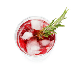 Glass of champagne cocktail with cranberry and rosemary on white background