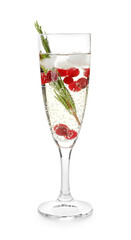 Glass of champagne cocktail with cranberry and rosemary on white background