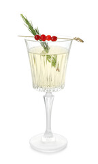 Glass of champagne cocktail with cranberry and rosemary on white background