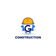 Fototapeta premium construction and engineering logo concept with initial letter G, gear and helmet