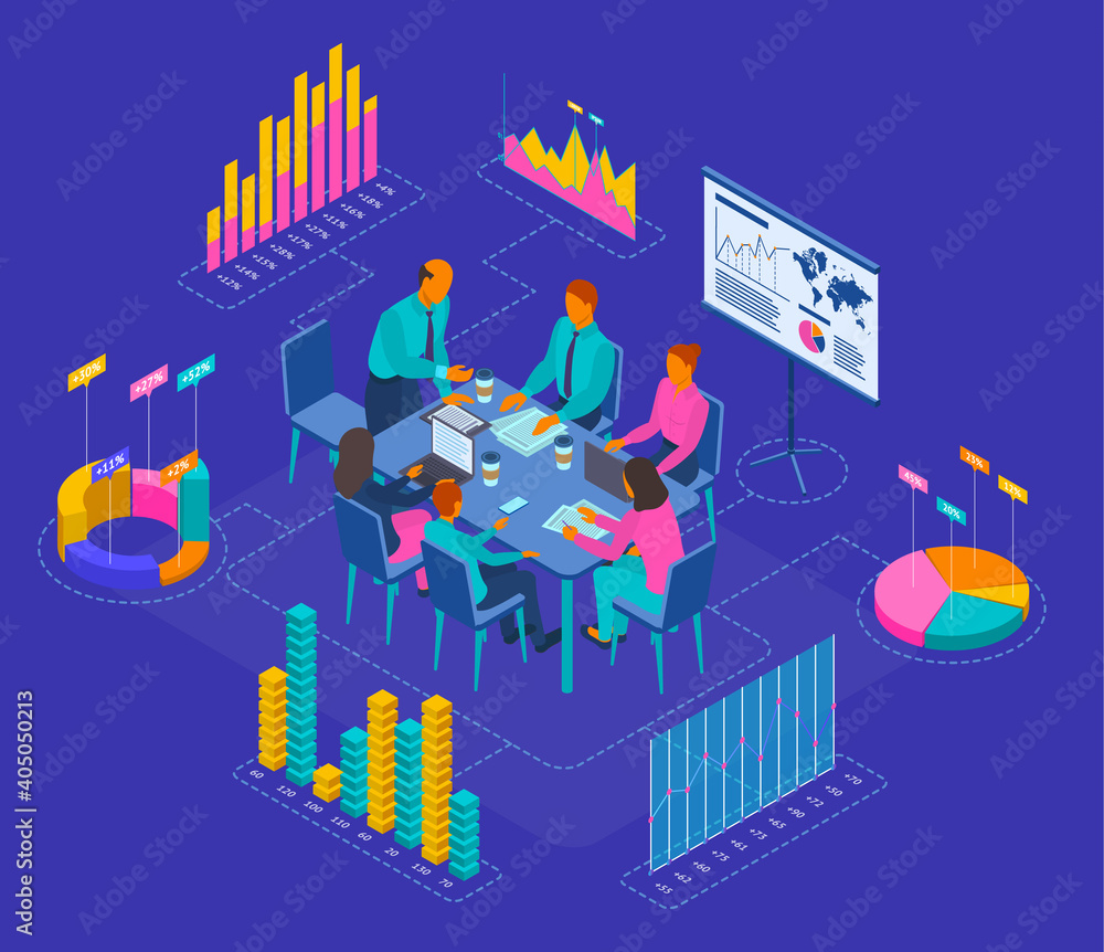 Poster color characters people and interacting charts analyzing concept. vector