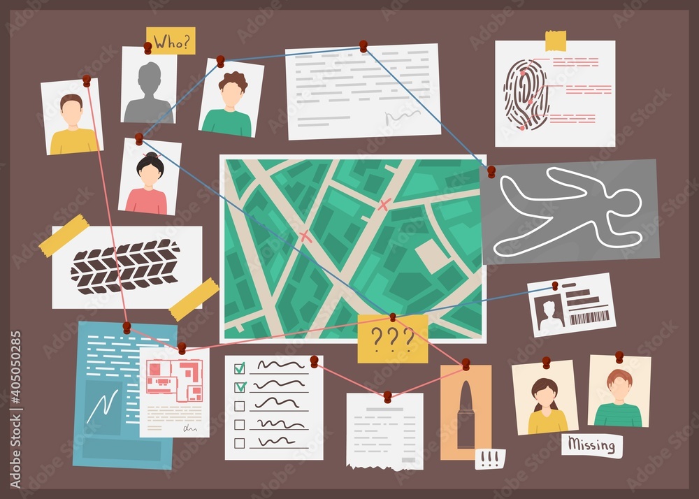 Poster cartoon color detectives board with elements concept. vector