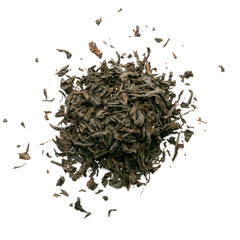 Heap of dry black tea leaves on white background