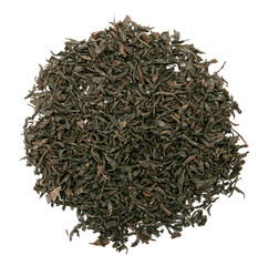 Heap of dry black tea leaves on white background