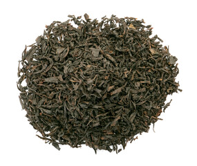 Heap of dry black tea leaves on white background