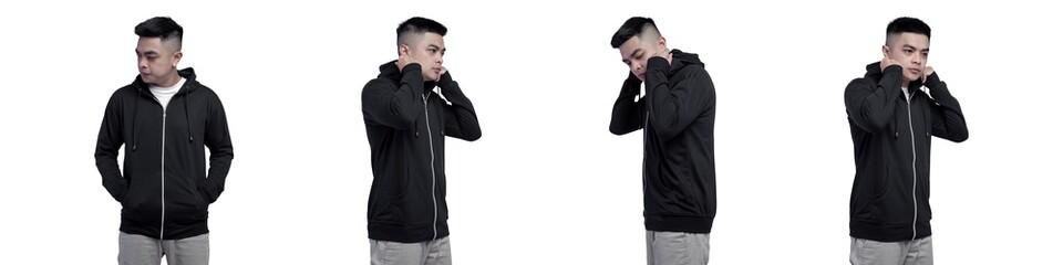 Collection photo of man wearing black zipper hoodie isolated on white background.