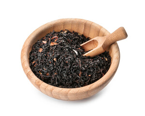 Dry black tea leaves in bowl with scoop on white background