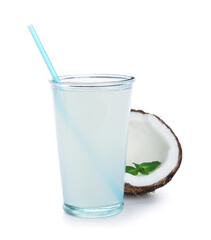 Glass of fresh coconut water on white background