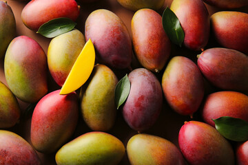 Many ripe mangoes as background