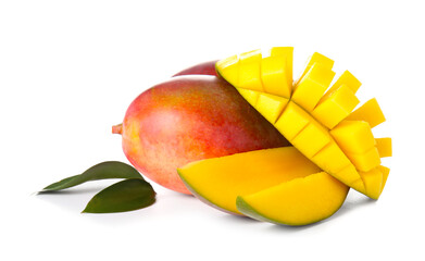 Sweet ripe mangoes on white background