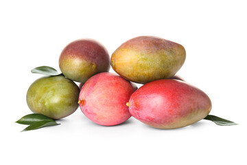 Sweet ripe mangoes on white background